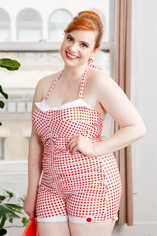 [Plus Size] Gingham 1950s Halter Bowknot One-piece Swimsuit Vibrant Bikini Bottoms