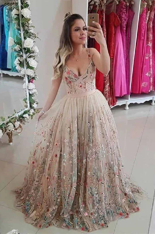 Spaghetti Strap A Line Floral Embroidery Prom Dress Long Formal Party Dress OKH48 Turtleneck Warm Winter