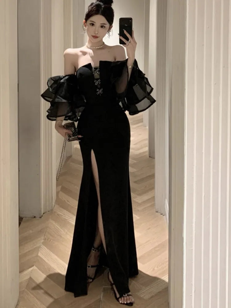 Advbridge Sexy Bodycon Evening Party Dresses for Women Ruffles Strapless High Split Black Mermaid Korean Fashion Prom Robe Vestidos New Tunics Corduroy durable