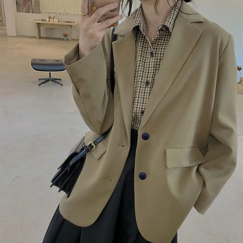 Jackets and Blazers Suit for Women Spring 2022 Loose Casual Khaki Black Office Blazer Jacket Female Oversize Women's Office Suit Collared Jacket Crew Neck Jacket Turtle Neck Jacket