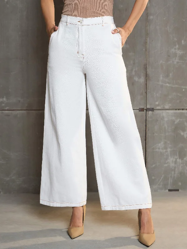 Women White Denim Flared Pants Relaxed Casual Leggings