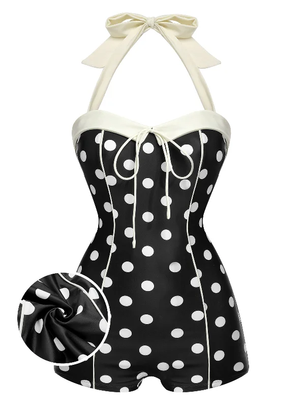 Black 1950s Polka Dots Halter Swimsuit Mesh Panel Swimwear