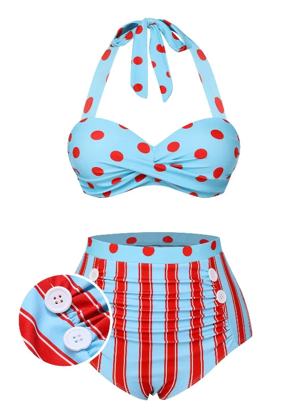 Blue 1940s Polka Dot Stripe Halter Swimsuit Sexy Two-Piece Set