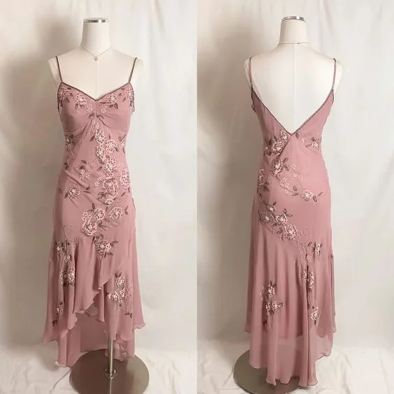 Vintage Dusty Pink Straps Ruffle Asymmetrical Midi Length Party Dress,DP1858 Tunics Cozy soft
