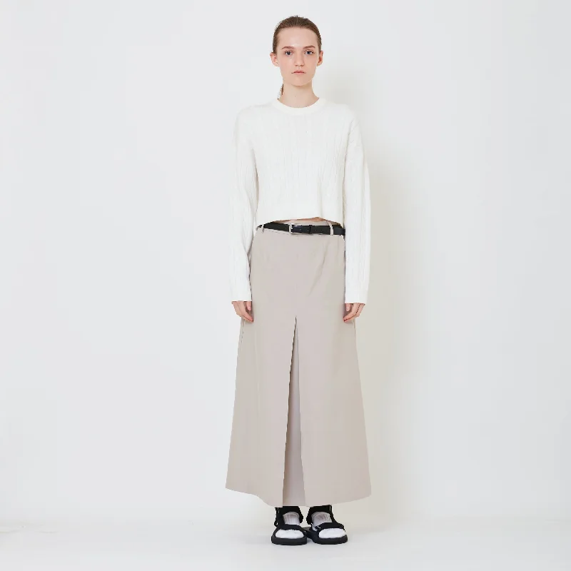Women Pleated Maxi Skirt with Belt - Light Grey - SW2411201A relaxed fit skirt