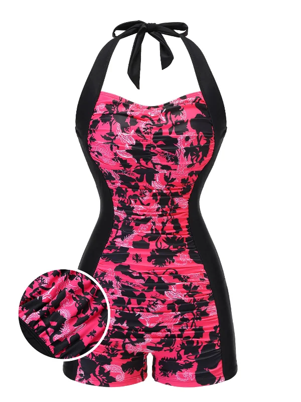 Black & Pink 1950s Floral Halter Swimsuit Retro-Inspired Bikini Set