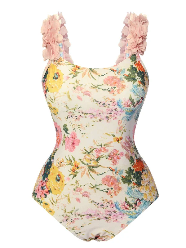 Multicolor 1950s 3D-Flowers Spaghetti Straps Swimsuit Push-Up Swimsuit Top