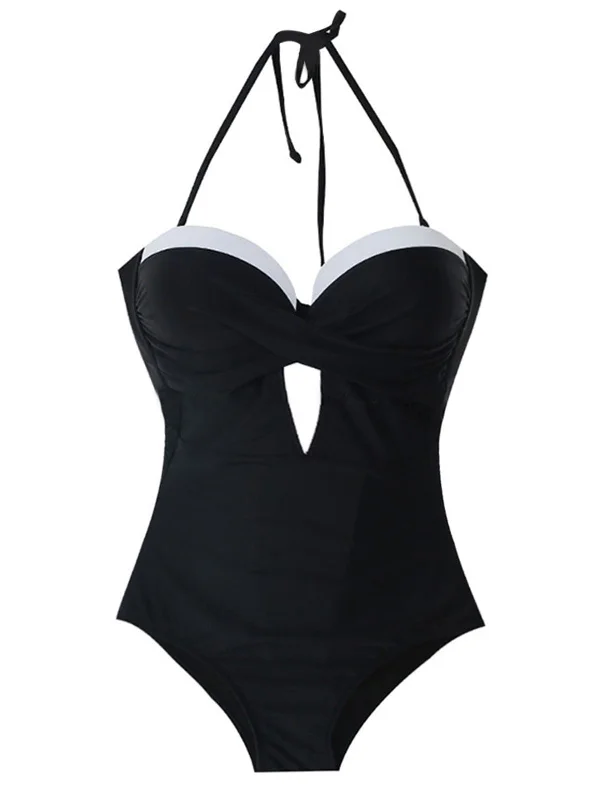 Retro Black Halter Keyhole Swimsuit Timeless Black Bikini