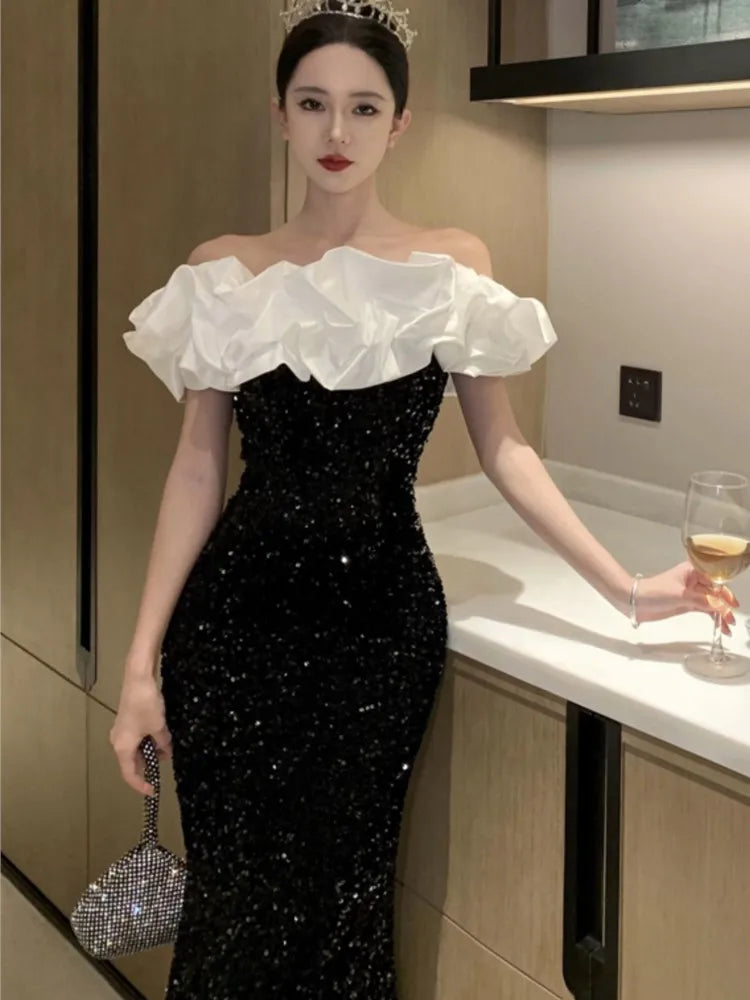 Advbridge Elegant Bodycon Velvet Sequined Long Dresses for Women Patchwork Slim Mermaid Evening Party Dress Prom Robe Vestidos Mujer New Tunics Short Trendy