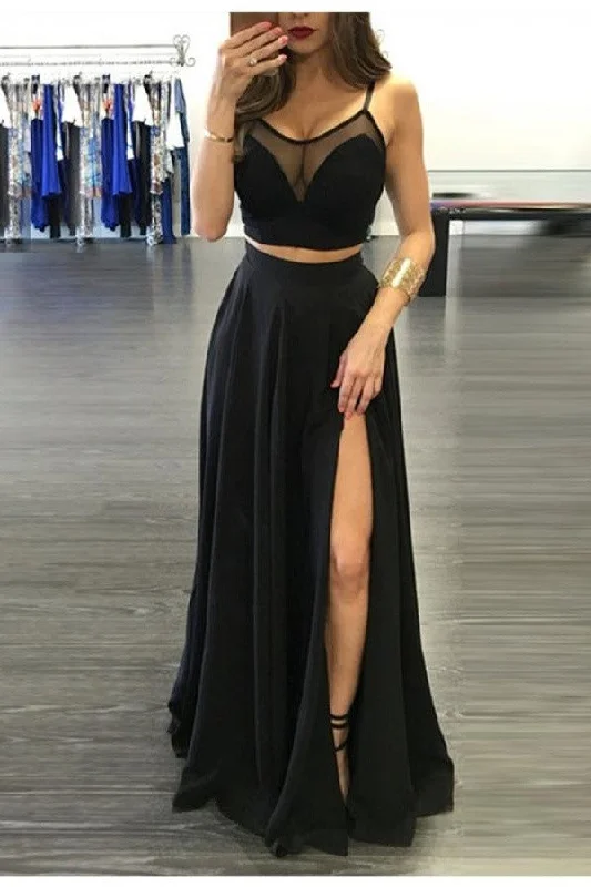 Simple Black Two Pieces Long Cheap Modest Prom Dress Party Dresses K772 Pleated Skirt Elegant