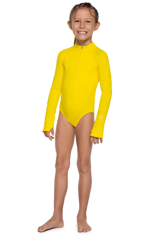 Girl's Koko Long Sleeve Swimsuit | Bold Yellow V-Neck Swim Dress