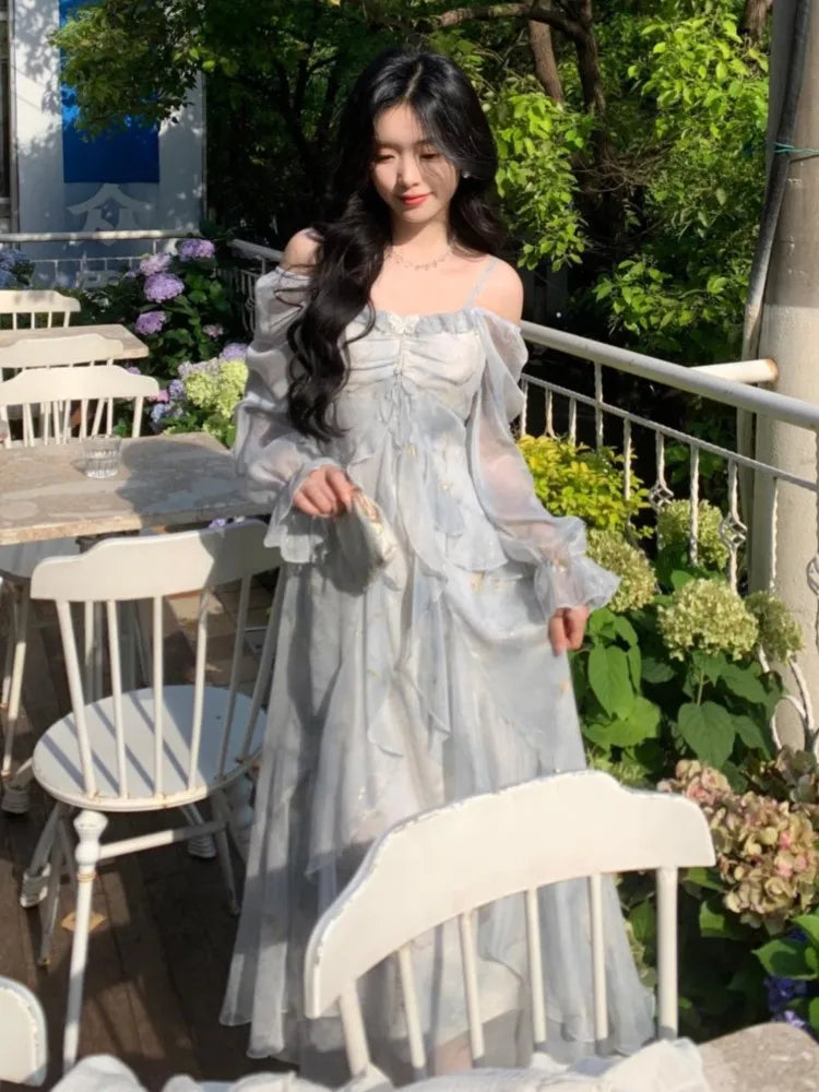 Advbridge Autumn French Print Fairy Long Dresses for Women Elegant Off Shoulder Ruffles A-Line Birthday Party Dress One Piece Vestidos New Tunics Lace romantic