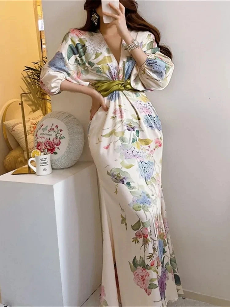 Advbridge Spring Summer Floral Print Party Dresses Women Vintage Bodycon V-neck Lantern Sleeve Robe Female Elegant Birthday Clothing Tunics Luxurious premium