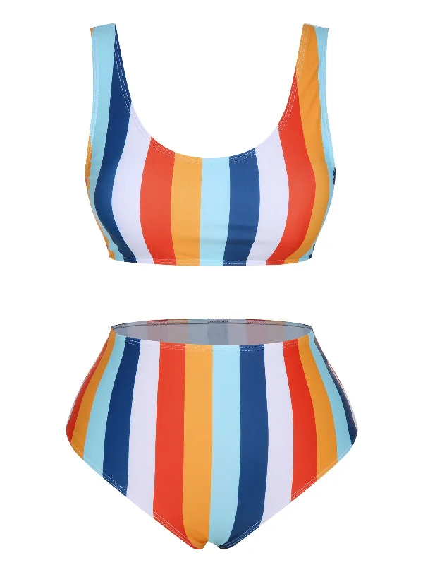 1930s Scoop Neck Rainbow Striped Swimsuit Set Monokini Swimsuit Design