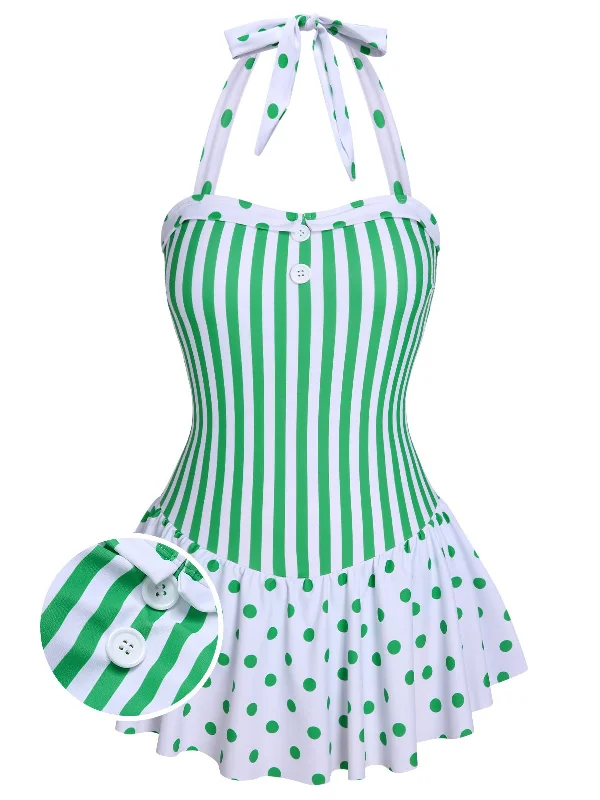 Green 1940s Polka Dots Stripes Halter Swimsuit High-Cut One-Piece