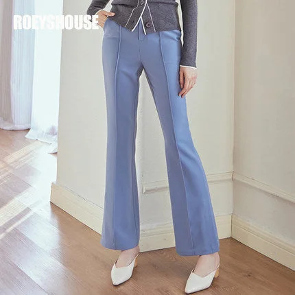 ROEYSHOUSE Women's haze blue trim flared pants autumn new high waist stretch casual pants Relaxed Fit Trousers
