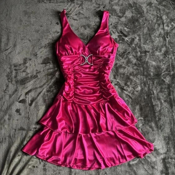 Hot Pink Straps V Neck Short Vintage Evening Party Dress, DP3023 Tunics Party sparkling