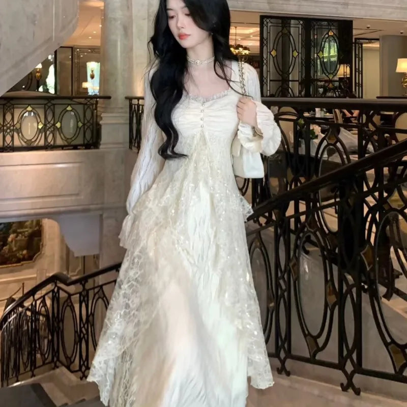 Advbridge Autumn Winter New Elegant Lace Midi Dresses for Women Lace Patchwork Flare Sleeve A-line Birthday Party Dress Vestidos Mujer Tunics Distressed trendy