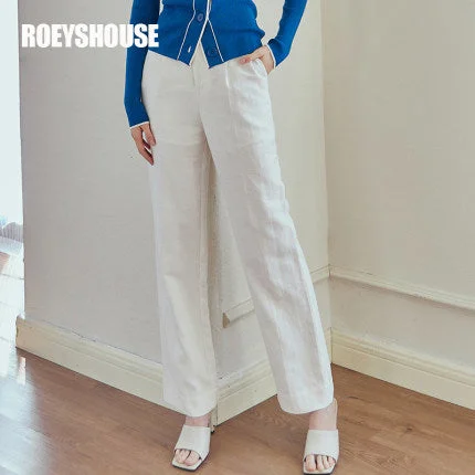 ROEYSHOUSE women's professional cotton linen straight pants female autumn new beige Slim wide leg pants Classic Straight-Leg Pants