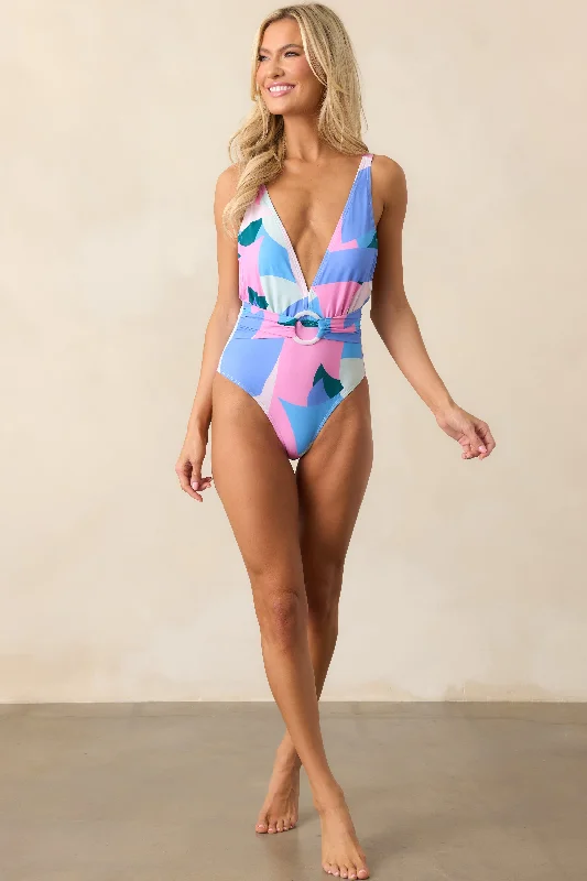 Coastal Dreaming Pink Multi Abstract Print One Piece Swimsuit Strappy Back Bikini