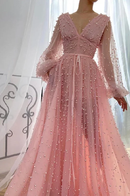 Pink A-line Long Sleeve Beads Prom Dress Long Party Dress A-Line Day Work