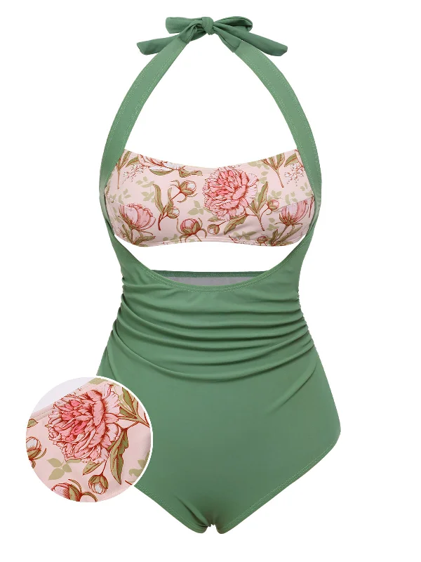 Green 1930s Peony Halter One-Piece Swimsuit Elegant Swimsuit Bottoms