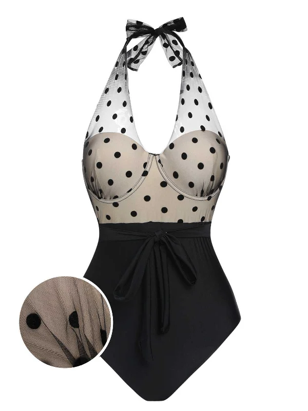 Black 1950s Halter Polka Dots Mesh Swimsuit Mesh Panel Swimwear