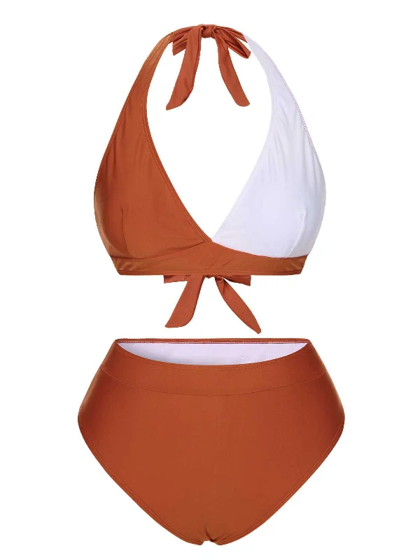Red 1930s Halter Contrast Swimsuit Sporty Racerback Swimsuit