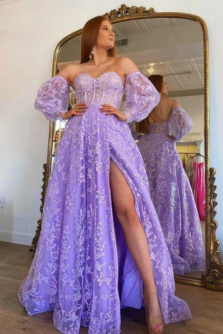 Sweetheart Lilac Long Evening Party Dress Embroidered Butterfly Detachable Sleeves Lavender Prom Dresses OK1977 Tunics Wedding white