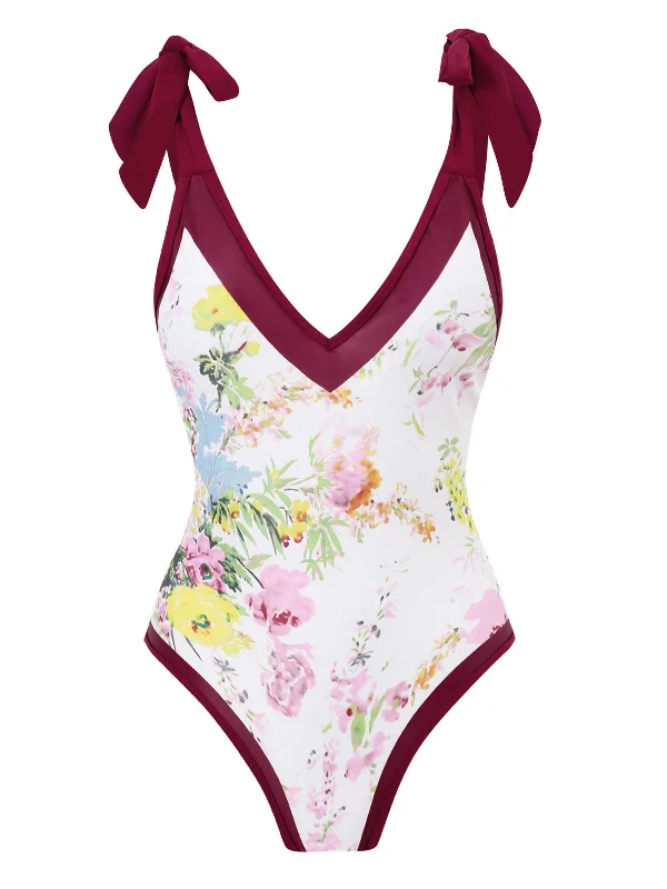 1950s V-Neck Flowers Lacing Swimsuit Modern High-Waisted Swimsuit