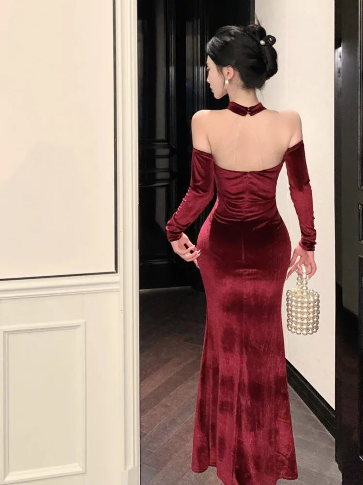 Advbridge Sexy Bodycon Velvet Maxi Dresses for Women Evening Party Dress Halter Slim Mermaid Prom Robe French Vintage Autumn Vestidos New Tunics Floral girly