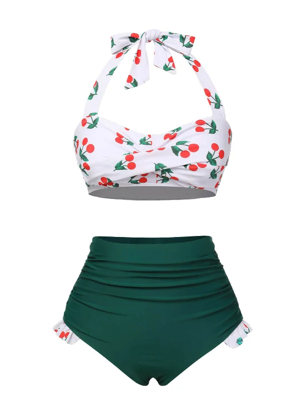 Green & White 1960s Cherry Halter Swimsuit Elegant Swim Dress