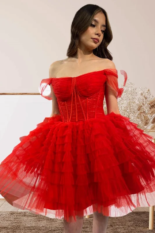 Off the Shoulder Red Corset A-line Ruffle Short Party Dress Boat Neckline Classic