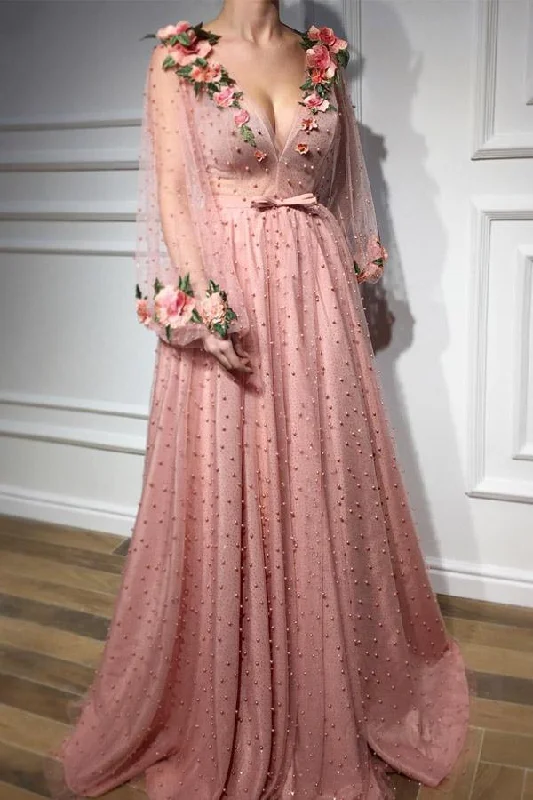 Long Sleeve 3D Floral Long Prom Dress Beaded Party Dress Shift Classic Vintage
