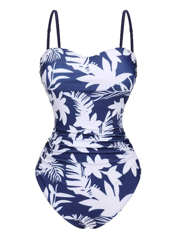 1960s Spaghetti Strap Plants Solid One-Piece Swimsuit Chic Swimsuit Cover-Up