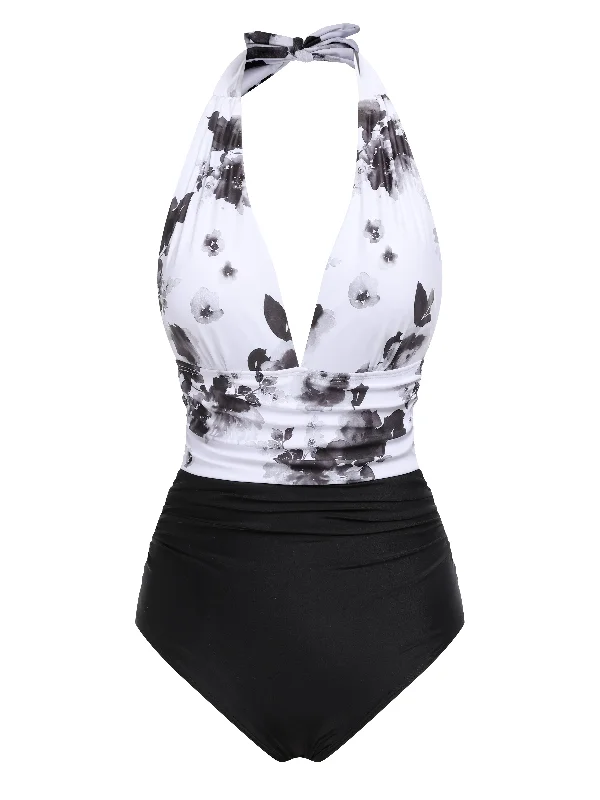 White 1940s Chinese Paint Halter Swimsuit Strappy Back Bikini