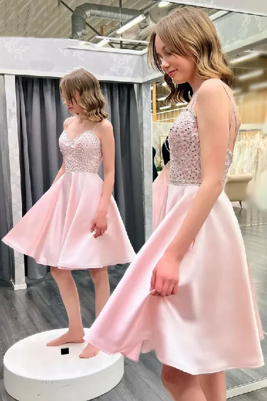 Pink Straps Sequins Backless Short Cute Party Dress Homecoming Dress,DP1743 Tunics Top rated
