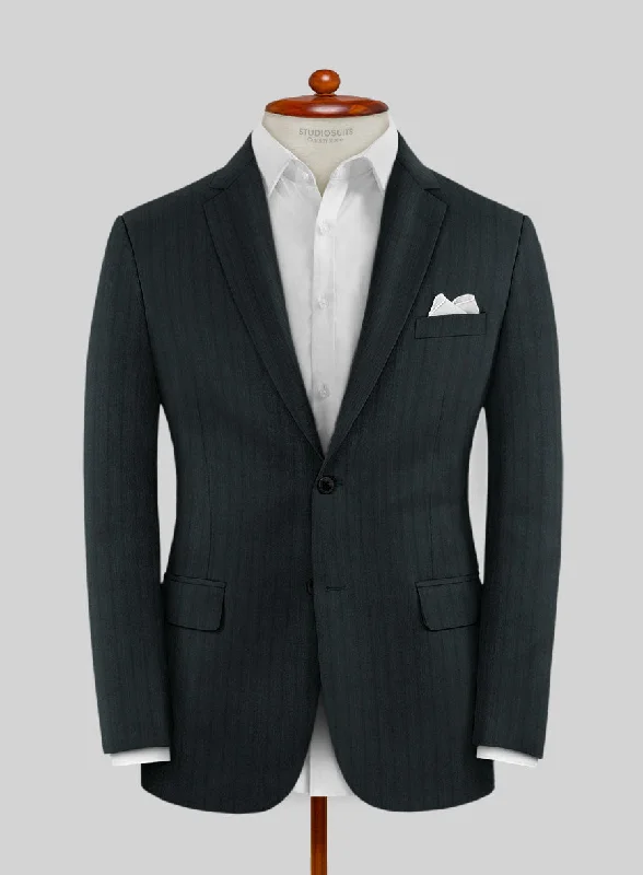 Lanificio Zegna Trofeo Dexi Dark Green Stripe Wool Jacket Stand-Up Collar Roll-Neck Collar Turtle Neck