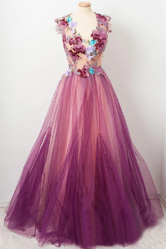 Tulle Flower A Line Prom Dress Scoop neck Appliqued Party Dress OKP15 Tunics Seasonal trendy