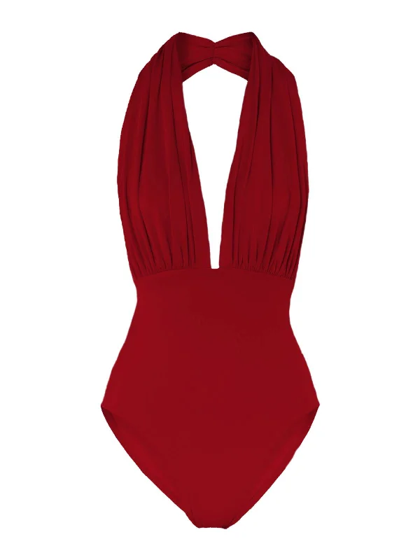 Red 1930s Retro Halter Solid One-piece Swimsuit Tie-Back Swimwear