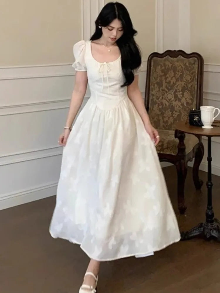 Advbridge Elegant Midi Dresses for Women Summer New Puff Sleeve Square Collar A-line Casual Birthday Party Dress Korean One Piece Vestido Crew Neckline Sporty