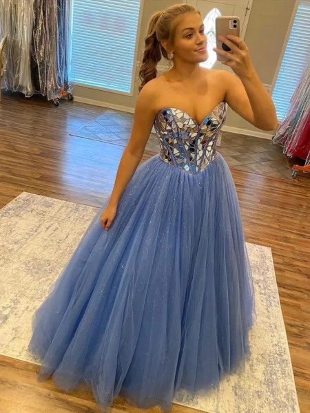 Sweetheart Blue Party Dress Strapless A-Line Evening Gown, DP2255 Halter Neckline Beach