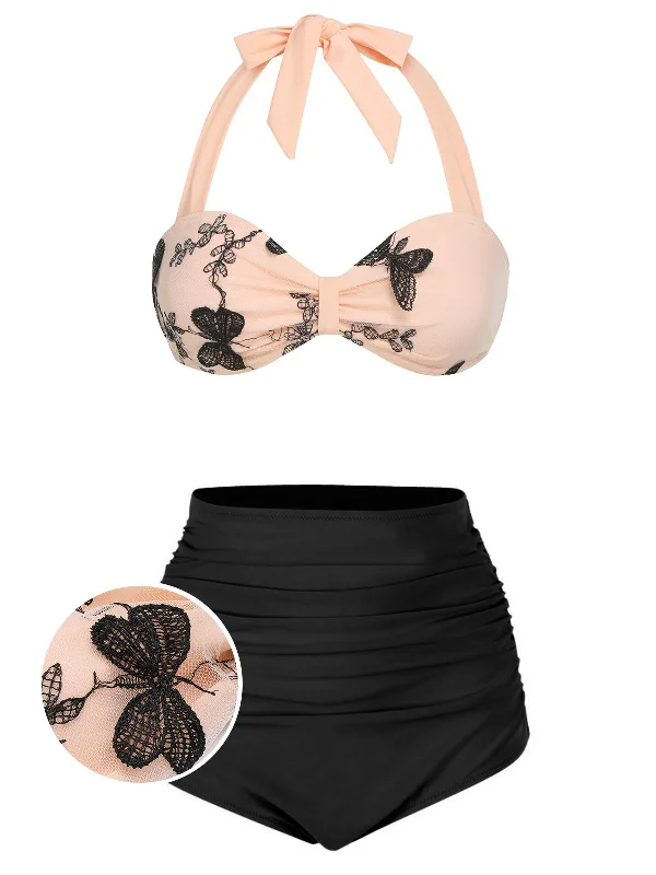 Black 1950s Halter Butterfly Swimsuit Shiny One-Piece Swimsuit