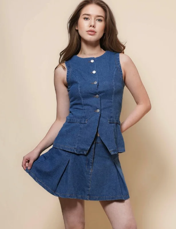 Ladies Sleeveless Denim Vest Skirt 2PCS Set SKST50092 summer skirt style