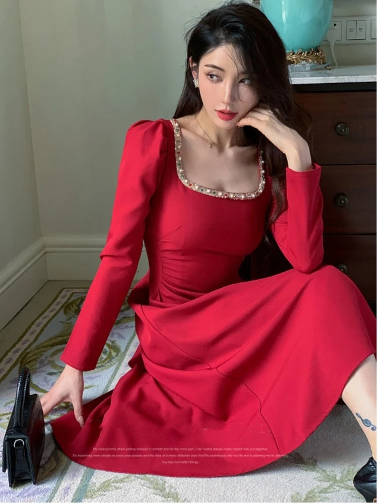 Advbridge Autumn Vintage Red Midi Dresses for Women Long Sleeve Diamonds Square Collar Slim Waist A-line Party Dress Female Clothing New Tunics Polka dots