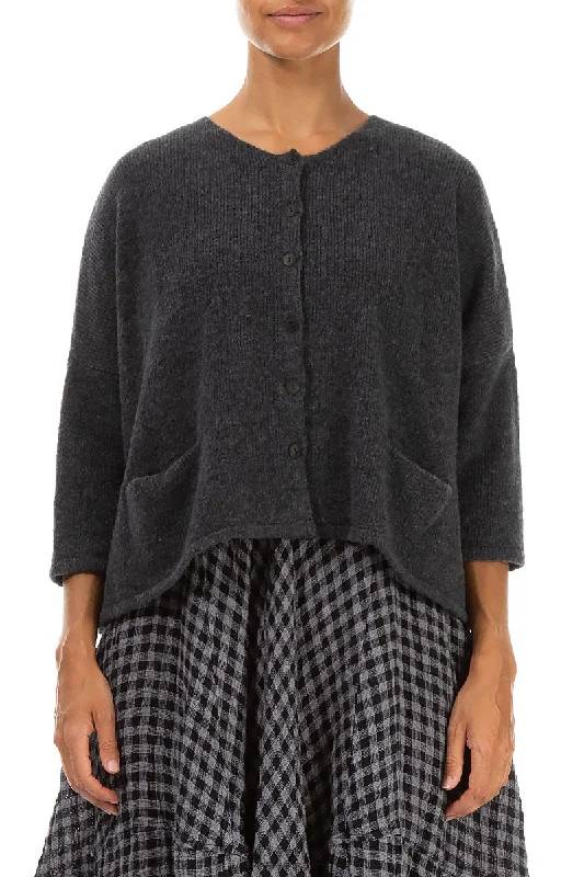 Short Loose Dark Grey Wool Cardigan Collared Crew Neck Turtle Neck