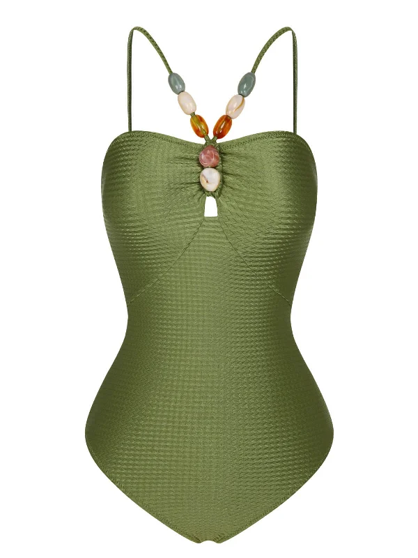 1960s Solid Textured Bandeau Halter Swimsuit Classic Swimsuit Design