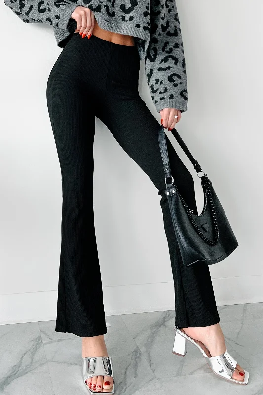 Dafina Ribbed Flare Pants (Black) Elegant Silk Pants