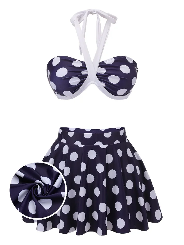 Navy Blue 1940s Polka Dot Halter Swimsuit Vibrant Bikini Bottoms