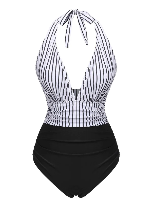 Black 1950s Deep V-Neck Stripe Swimsuit Summer Ready Swimsuit